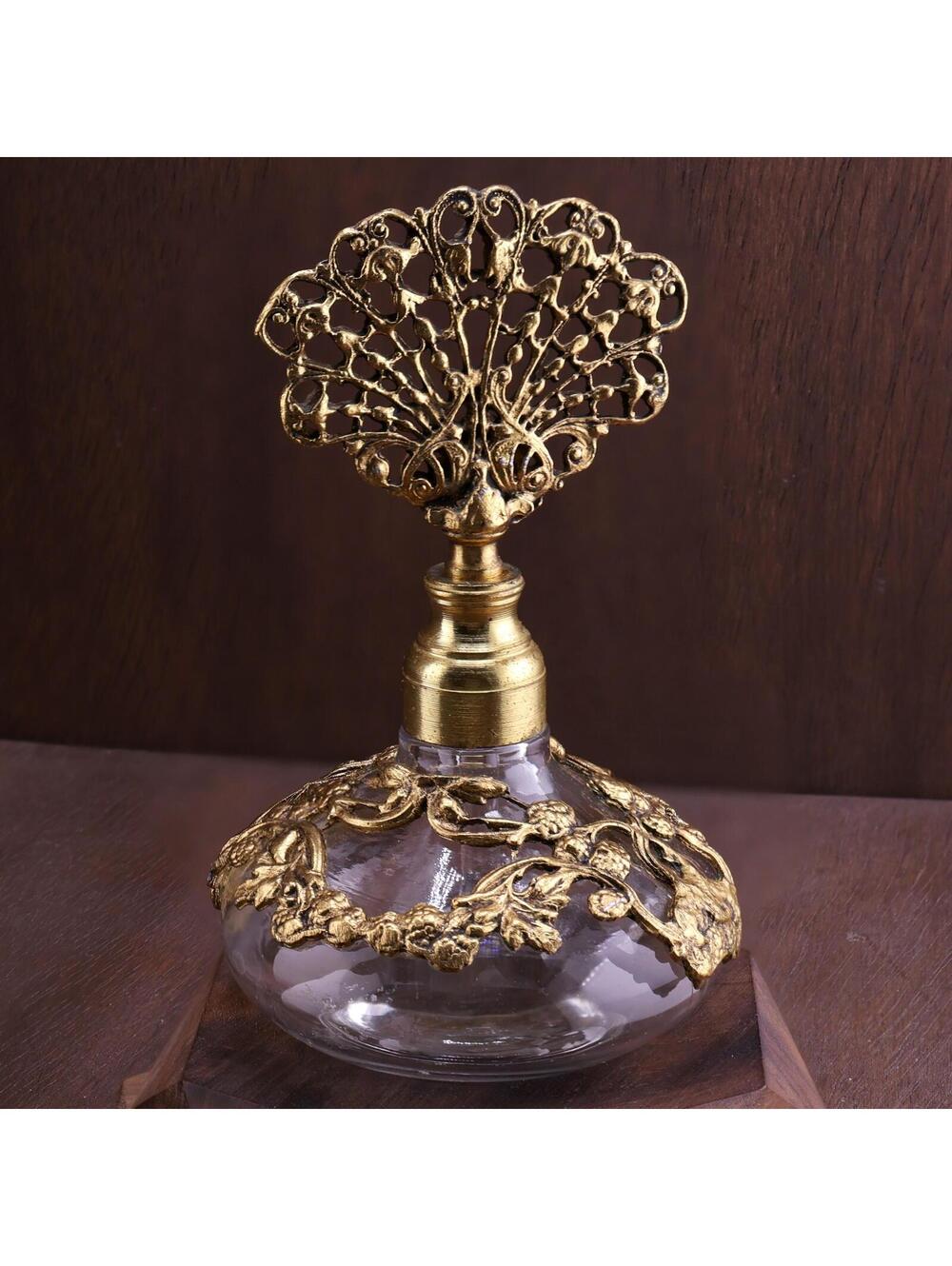 Vintage Hollywood Regency 24k Gold Ormolu Filigree Perfume Bottle with Fan Top